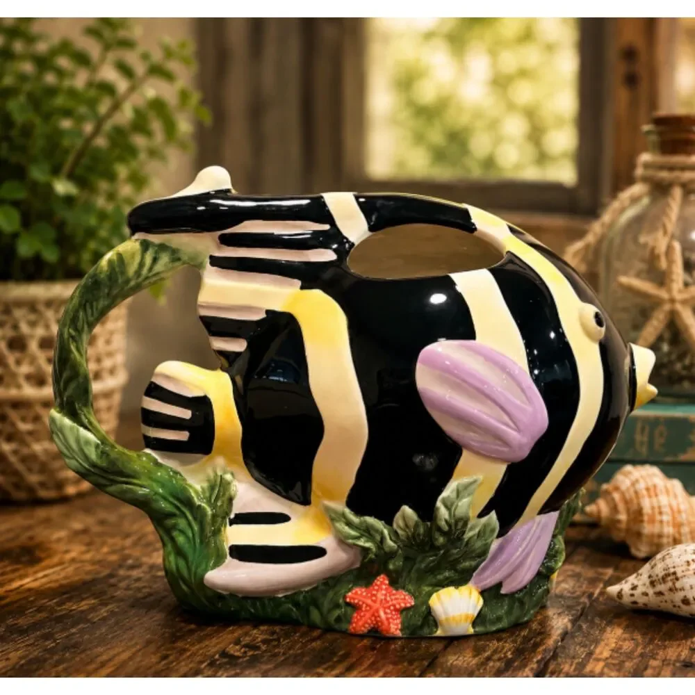 Vintage Sakura Clare Murray Tropical Fish Pitcher, Hand Painted Ceramic,
